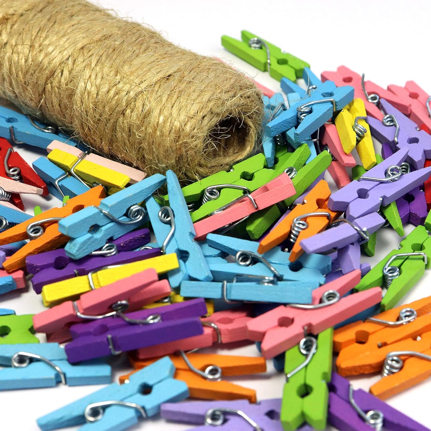 Mini Natural Wooden Clothespins with Jute Twine, 250pcs, 1 Inch Photo Paper Peg Pin Craft Clips with 66ft Natural Twine for Scrapbooking, Arts & Crafts, Hanging Photos (10 Colors)