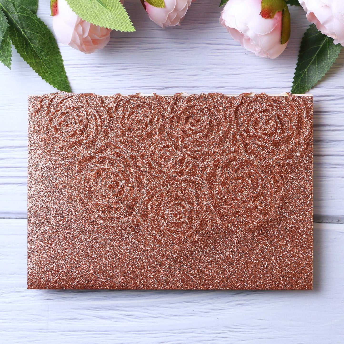 20 Pcs Laser Cut Wedding Invitations Card Pocket with Envelope for Birthday Party Baby or Bride Shower Invite suitable for 5 * 7 Inches Insert Paper (Rose Gold Glitter)