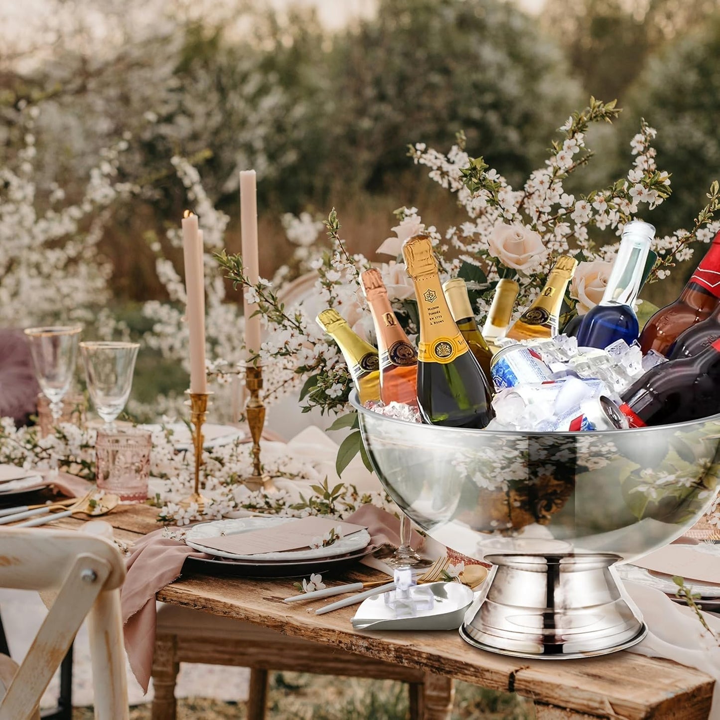 12L Silver Large Ice Bucket for Parties - 16"x16"x10" Huge Punch Bowl with Ladle - Stainless Steel Bucket for Cocktail Bar - Lightweight Champagne Bucket with Scoop