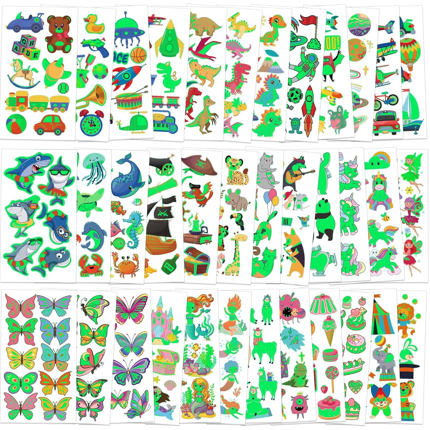 370 Patterns Party Favors for Kids, 36 Sheets Glow In Dark Stickers Luminous Temporary Tattoos, Waterproof Fake Tattoo Supplies Animal Dinosaur Mermaid Butterfly Stickers for Birthday Decorations