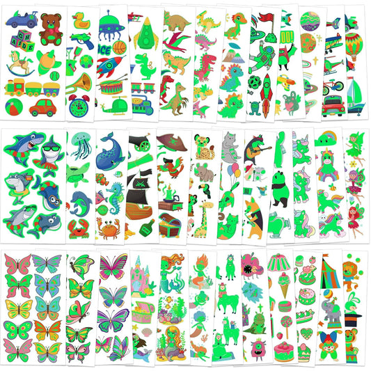 370 Patterns Party Favors for Kids, 36 Sheets Glow In Dark Stickers Luminous Temporary Tattoos, Waterproof Fake Tattoo Supplies Animal Dinosaur Mermaid Butterfly Stickers for Birthday Decorations
