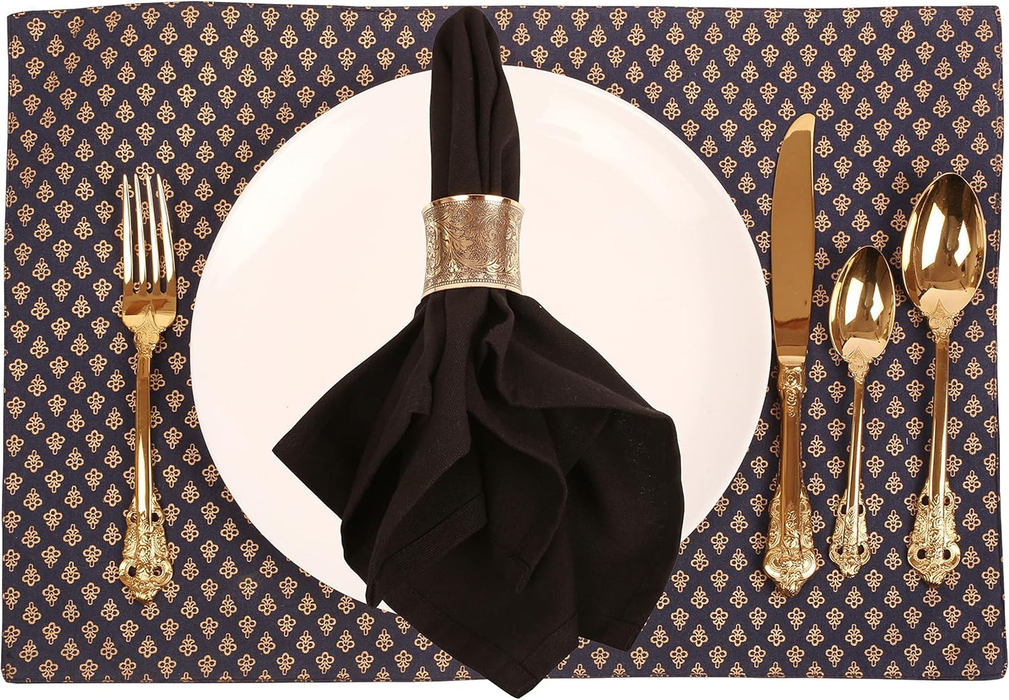 Brass Base Traditional Pretty Handcrafted Etched Petals Floral Pattern Large Size Party Dining Table Napkin Holders in Gold Tone. (Set of 6).