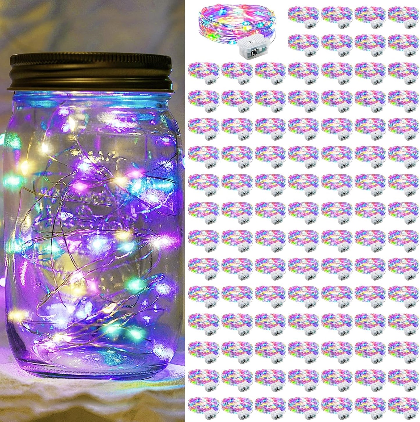 Fairy Lights 7Ft 20 LED Twinkle String Lights 3 Modes Battery Operated Waterproof Firefly Starry for Mason Jar Party Wedding Christmas Valentines Day Table Centerpieces(Rainbow,100 Pack)