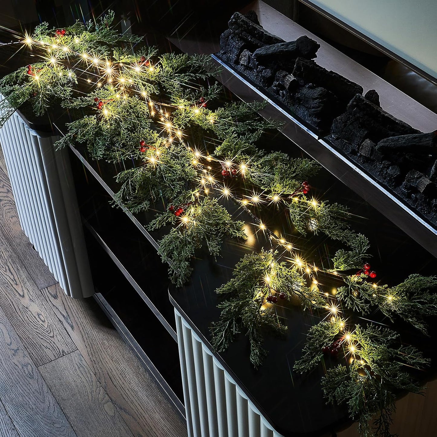 Birchlitland Christmas Garland with Lights Cadar Lighted Garland Battery Operated with Timer or USB Light 6FT 80 LED Fairy Lights, Faux Vine with Lights for Mantel Fireplace and Holiday Decor