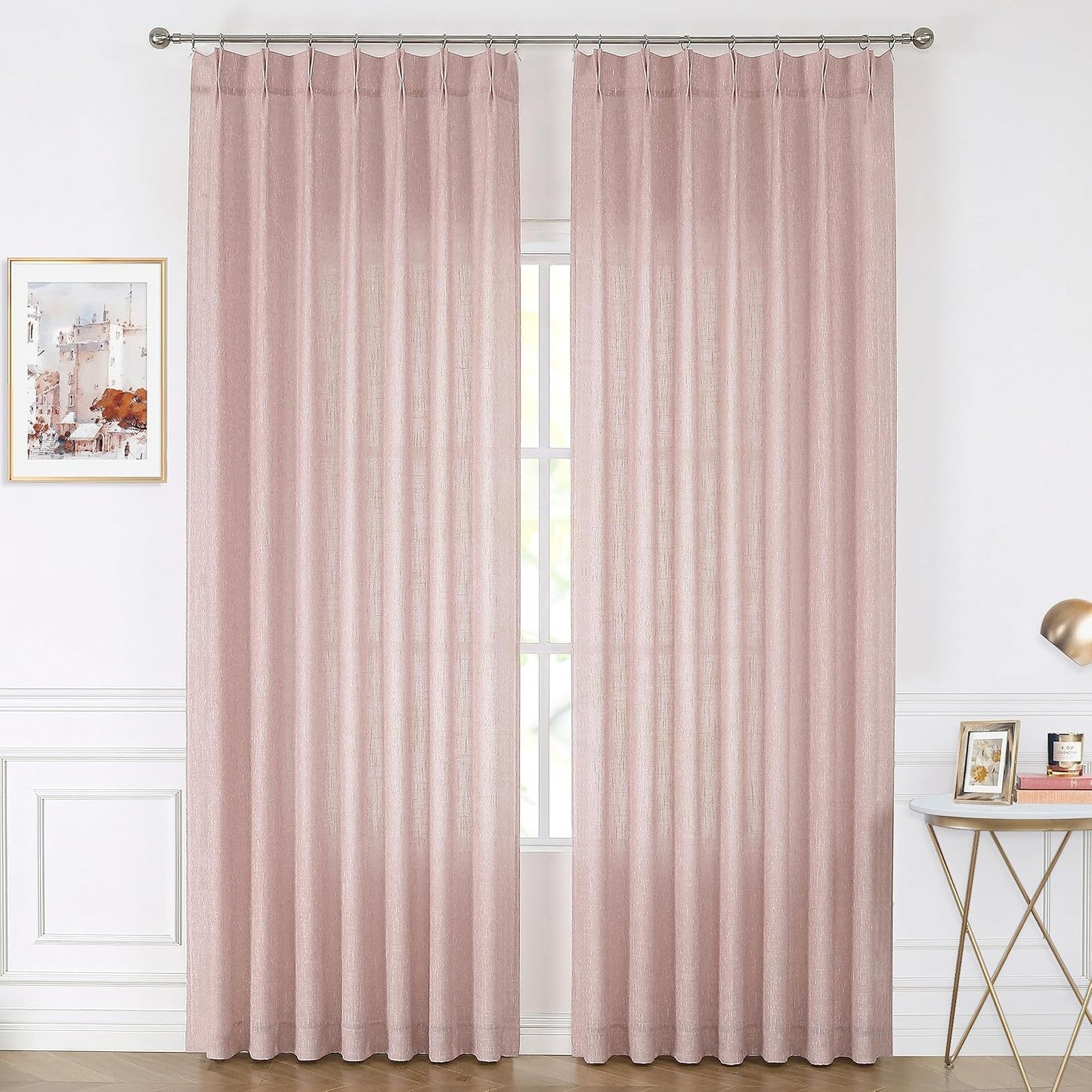 Vision Home Pink Pinch Pleated Semi Sheer Curtains for Girls Bedroom Living Room Textured Light Filtering Window Curtains 102 inch Rayon Blended Pinch Pleat Pink Drapes with Hooks 2 Panels 40"Wx102"L