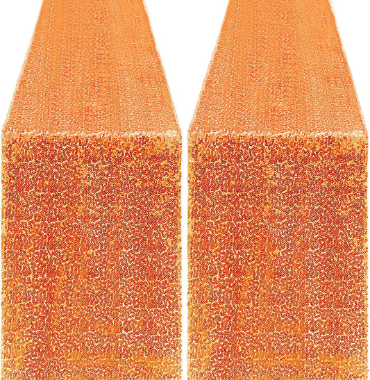 2 Packs 12 x 72 inches Sequin Table Runner, Orange Glitter Table Runner for Birthday Party Supplies Wedding Engagement Baby Shower Holiday Celebration Event Decorations