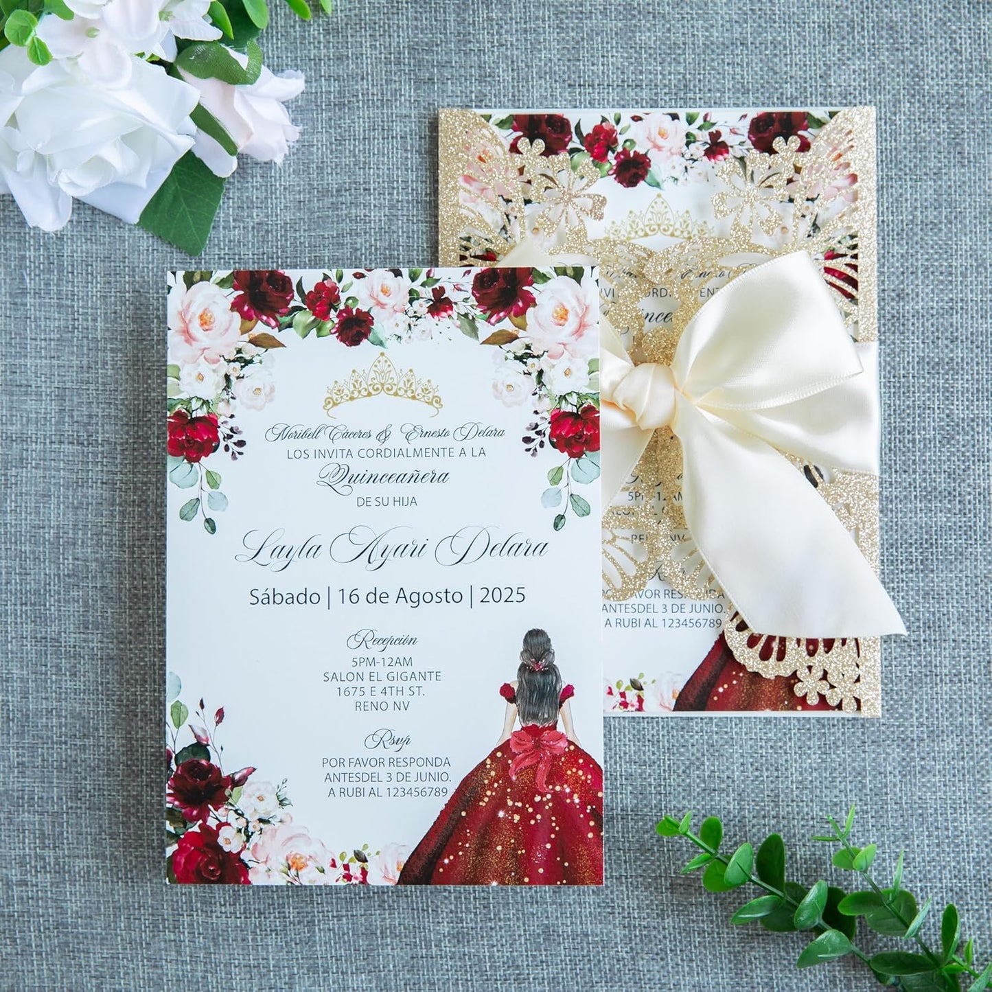 20 PCS 5.12x7.2 Butterfly Personalized Quinceanera Invitation, Customized XV Anos Laser Cut Invitation Cards with Envelopes (20 PCS Light Gold Personalized)