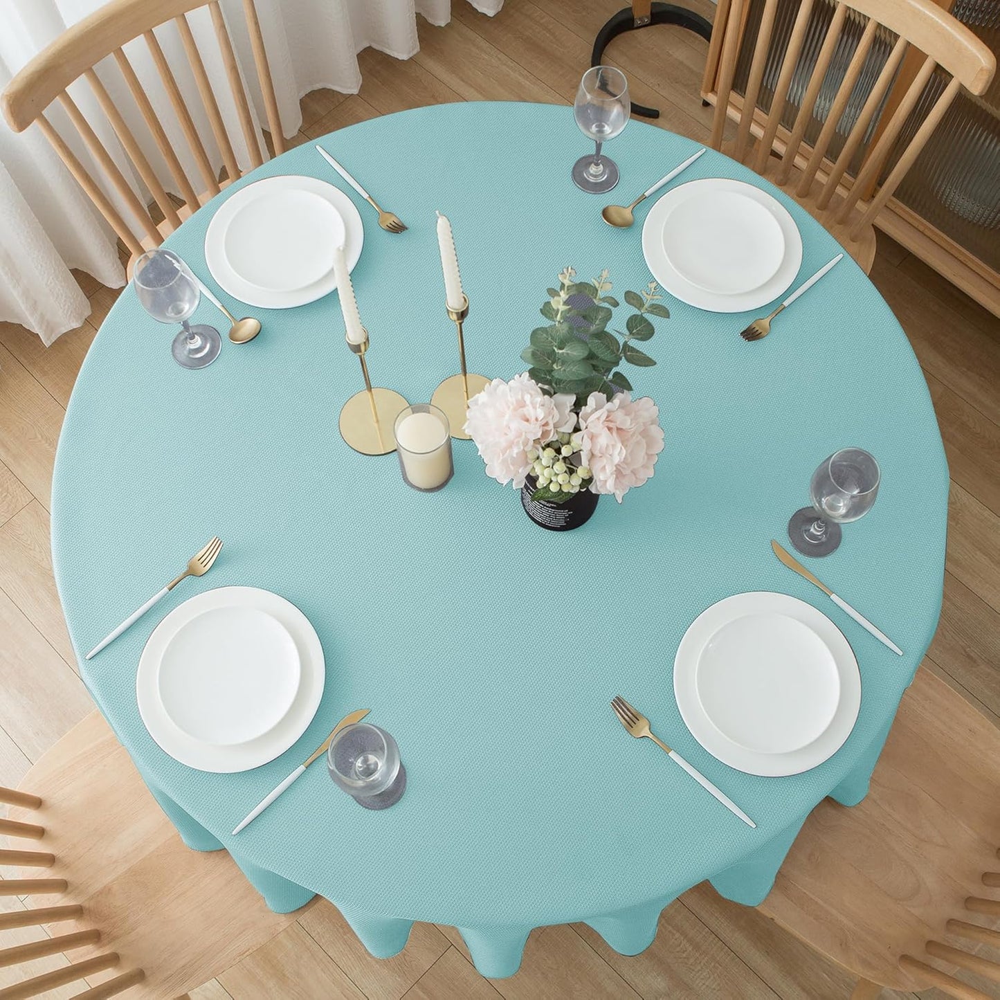 Biscaynebay Round Tablecloth 60 Inch-Auqa Blue Outdoor Fabric Table Cover-Small Circle Folding Table Cloths Linen Water Resistant for Kitchen Dining Picnic Patio Outdoor Party Restaurant Tables