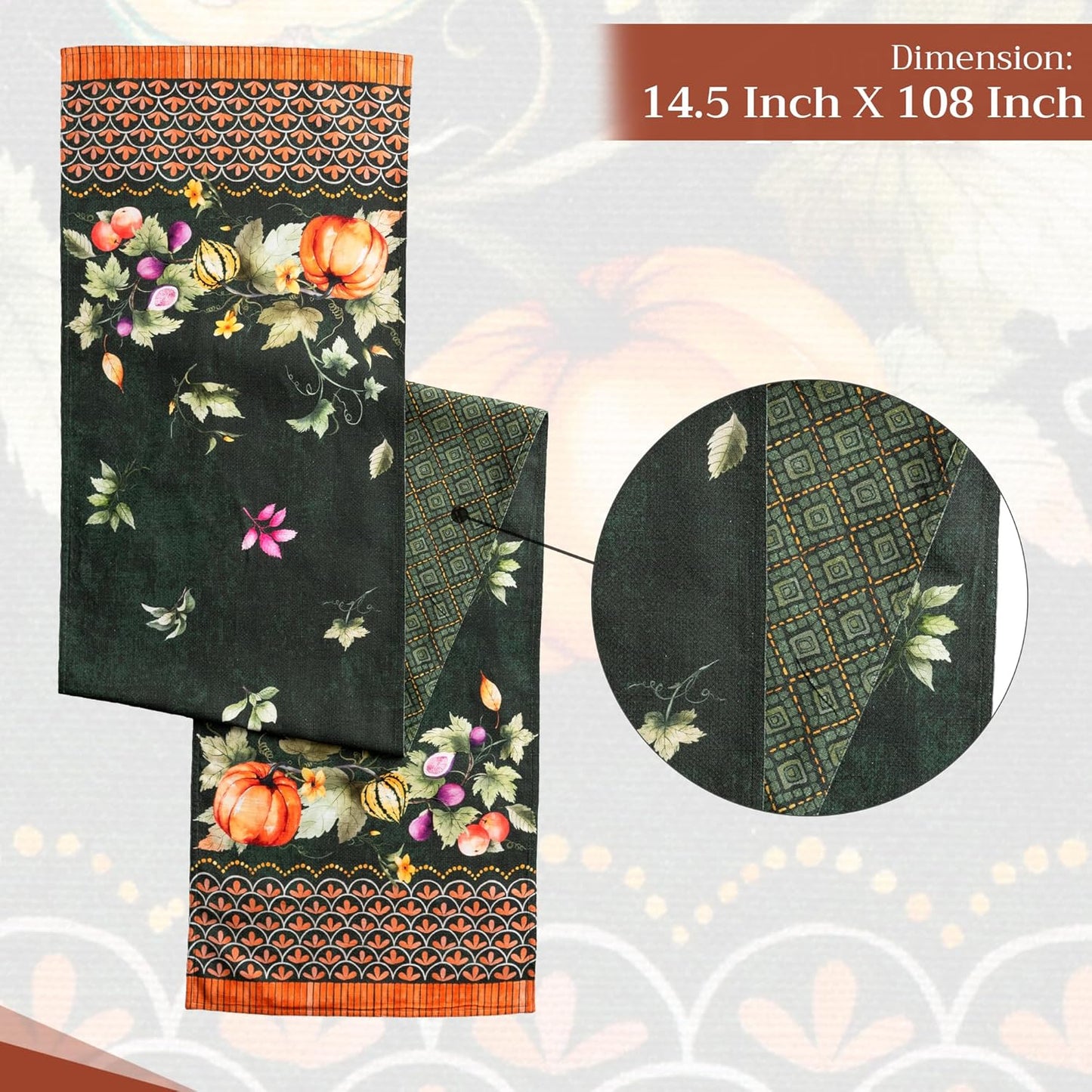 Maison d' Hermine Table Runner 100% Cotton Double Layer Table Runners 108 inches Long for Thanksgiving Christmas Decorations Home Kitchen Dining Wedding (Pumpkin Garden - Dark Green, 14.5" x 108")