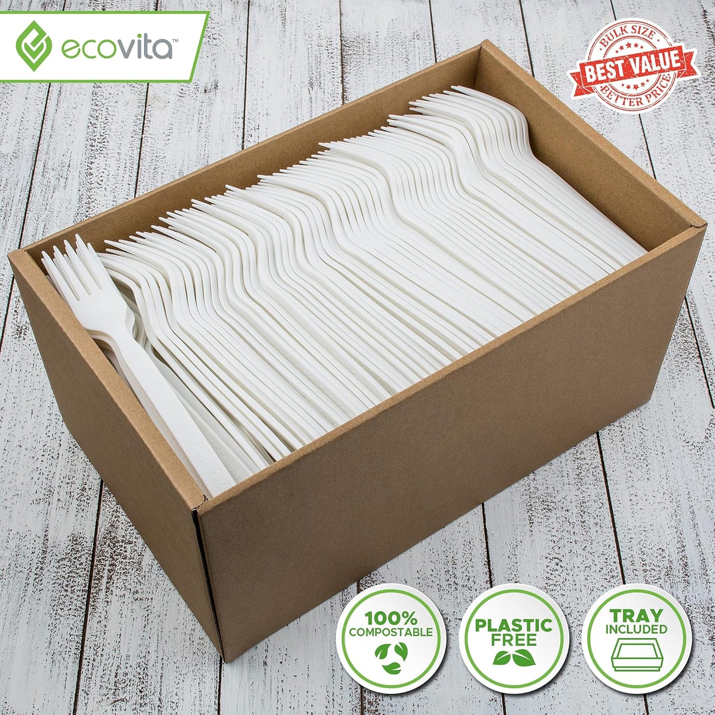 Ecovita 100% Compostable Forks - 500 Large Disposable Utensils (7 in.) Bulk Size Eco Friendly Durable and Heat Resistant Alternative to Plastic Forks with Convenient Tray