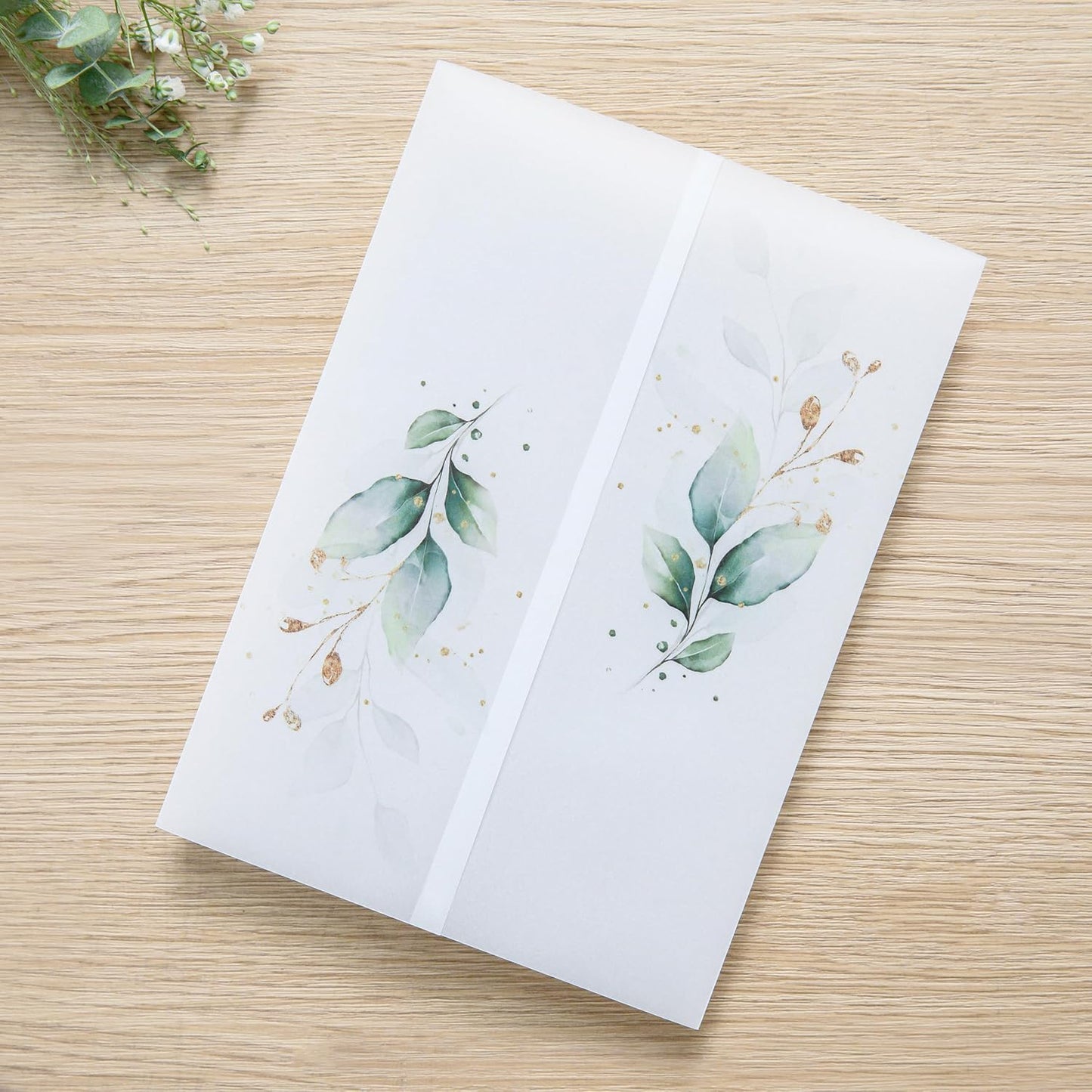 PONATIA 50PCS Vellum Jackets for 5x7 Invitation Cards - 135GSM Green Leaves Vellum Sleeves, 5x7'' Clear Jackets Wedding Invitations Wraps - Transparent Card Jackets