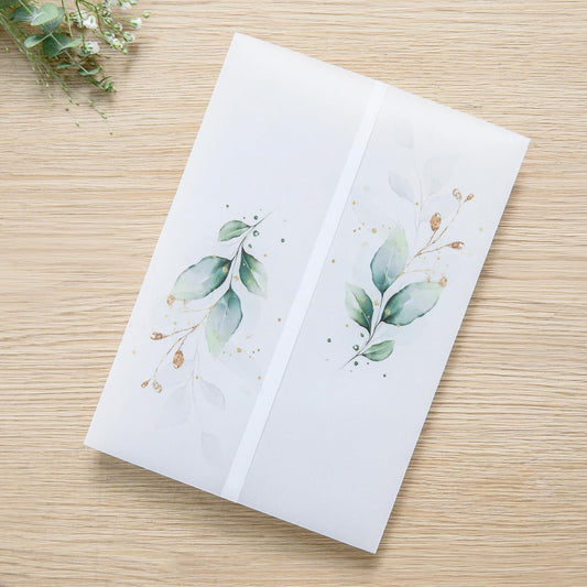 PONATIA 50PCS Vellum Jackets for 5x7 Invitation Cards - 135GSM Green Leaves Vellum Sleeves, 5x7'' Clear Jackets Wedding Invitations Wraps - Transparent Card Jackets