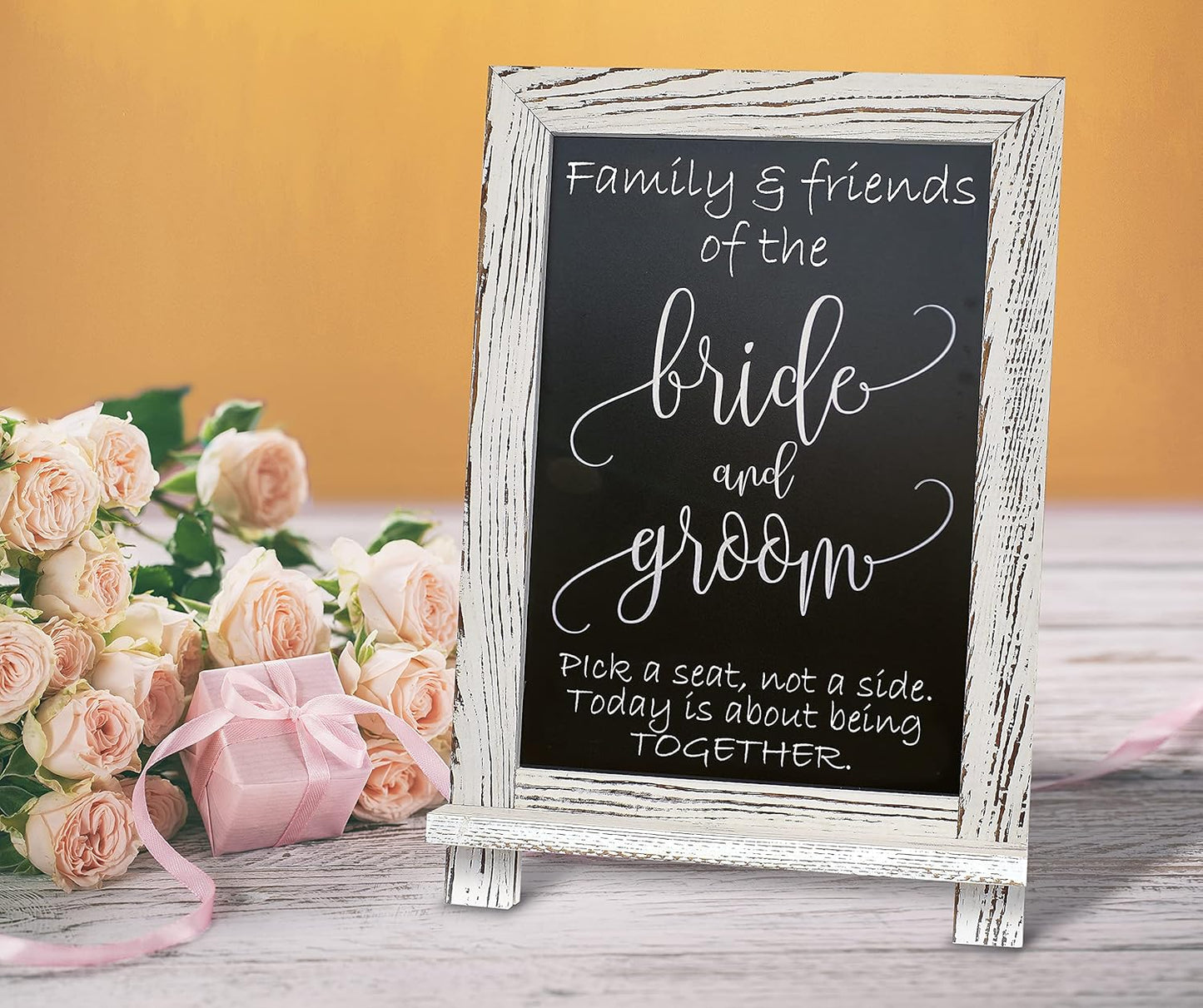Better Office Products Framed Tabletop Chalkboard Sign, 9.5" x 14", Rustic Wood Frame, Small Magnetic Chalkboard with Built-in Ledge and Folding Stand, One White Chalk Marker Included,(Whitewash)