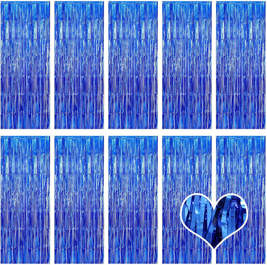 10 Pack Blue Backdrop Curtain 3.2ft x 8.2ft Metallic Tinsel Foil Fringe Curtains Photo Booth Background for Birthday Party Decoration Baby Shower Engagement Wedding Christmas Decoration (Blue)