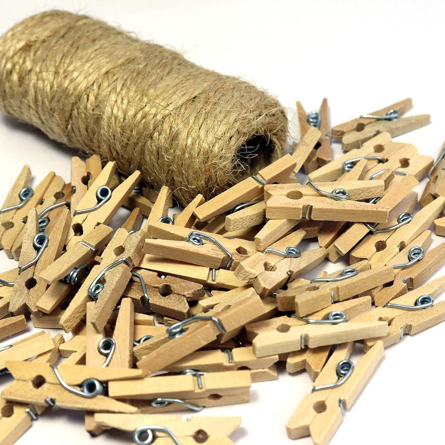 Mini Wooden Clothespins With Jute Twine, 250pcs, 1 Inch Photo Paper Peg Pin Craft Clips With 66ft Natural Twine for Scrapbooking, Arts & Crafts, Hanging Photos (Natural Color)