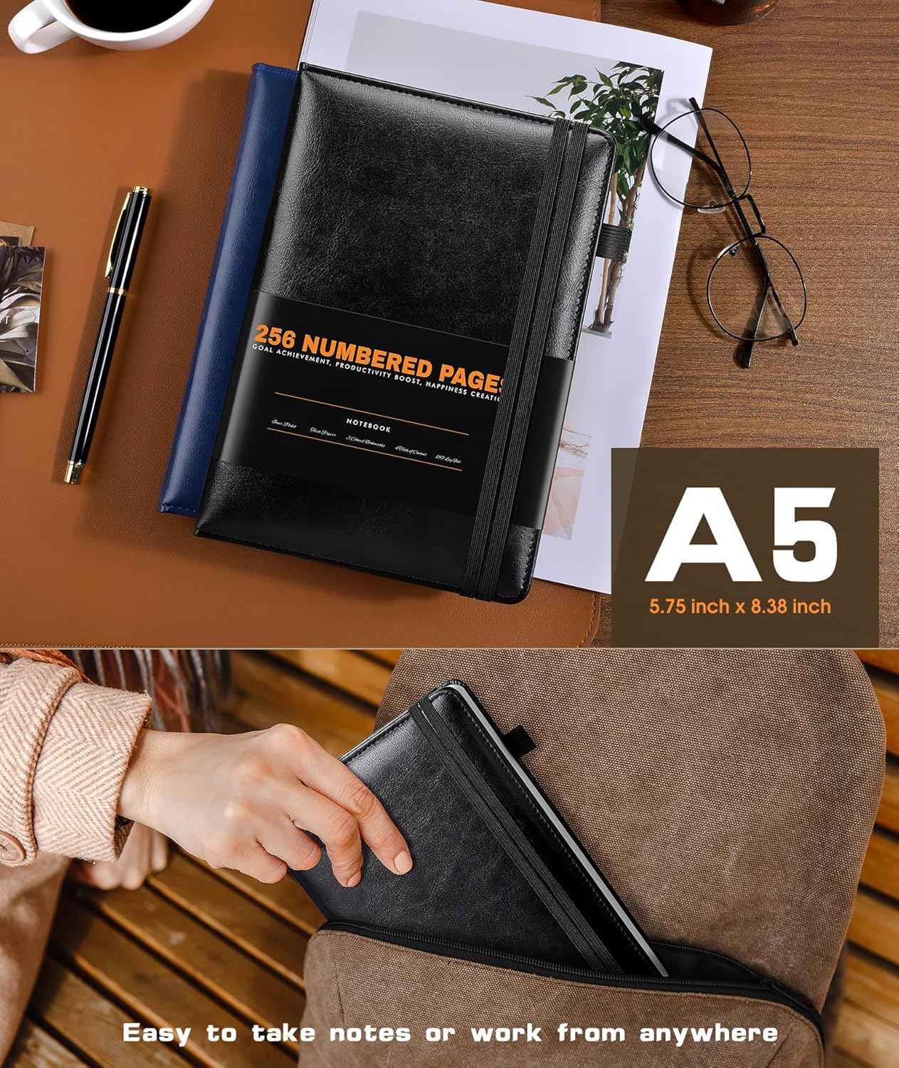 Lined Journal Notebook for Women Men, 256 Numbered Pages Hardcover Leather Journals for Writing, A5 Journaling Notebooks, College Ruled Journal for Business Work School Note Taking 5.75" x 8.38" Black