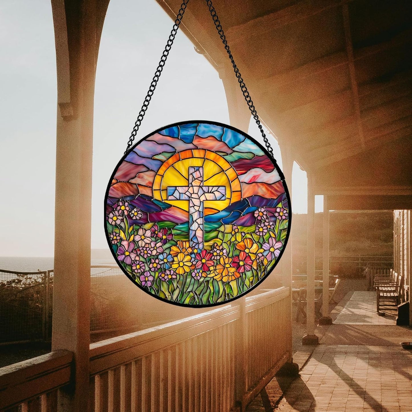 Stained Glass Window Hanging - Cross Flower Sea Sun Catcher for Door Terrace Garden Home Decor, Mountains Landscape Suncatcher Birthday Gifts for Lovers Women Men Dad Mom Nana 11.8 in