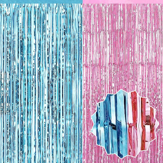 6 Pack Pink Blue Foil Fringe Curtains Backdrop, 3.28 x 8.2 Ft Metallic Streamers Tinsel Curtains Background for Photo Booth, Birthday, Weddings, Carnivals, Graduation, Themed Party Decorations