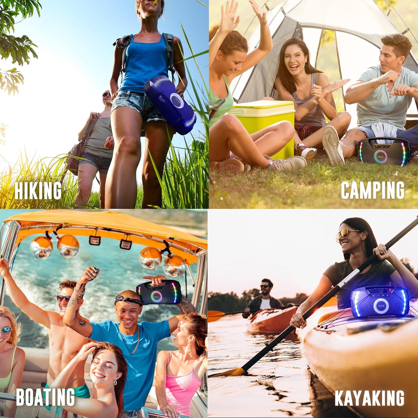 Powerful & Portable Waterproof All Terrain Bluetooth Speaker with Deep Bass, LED Party Lights, Fast USB-C Charging, FM Radio, AUX – QFX BT-ZX35