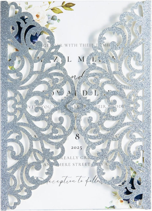 20Pcs Silver Glitter Laser Cut Invitation Cards With Blank Inner Sheets for Wedding Cards Bridal Shower Engagement Quinceanera Invitation (No Envelopes)