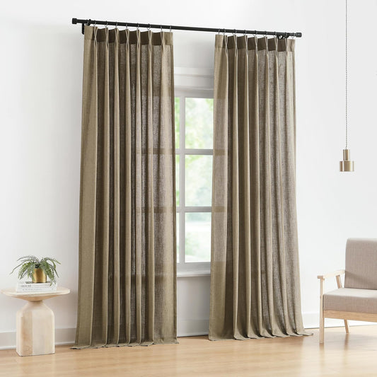 Vision Home Brown Pinch Pleated Semi Sheer Curtains Textured Linen Blended Light Filtering Window Curtains 90 inch for Living Room Bedroom Pinch Pleat Drapes with Hooks 2 Panels 40" Wx90 L