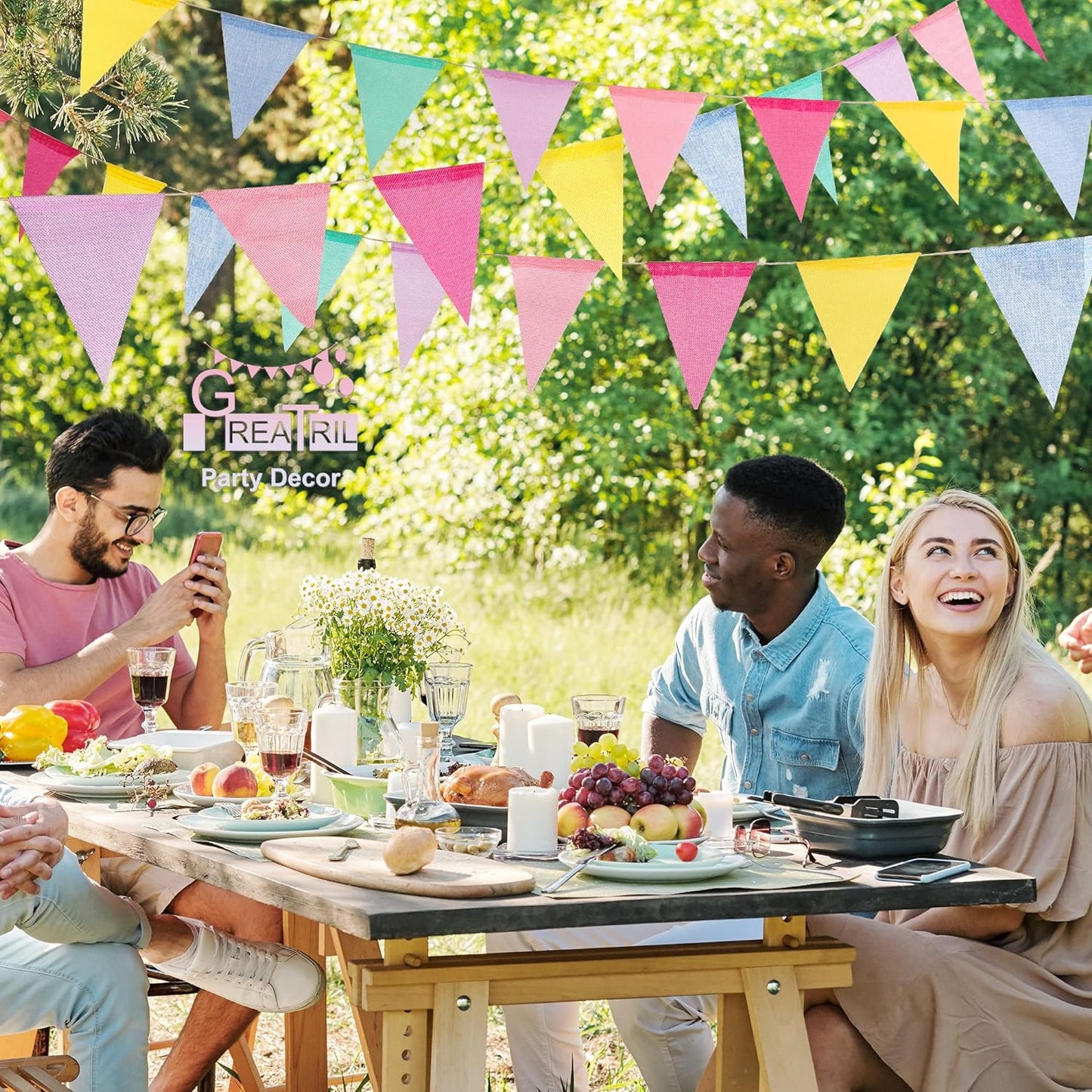 Pennant Banner Flags Pastel - GREATRIL Colorful Triangle Banners for Birthday Easter Classroom School Carnival Garland Outdoor Burlap Bunting Party Decorations 4 Strings