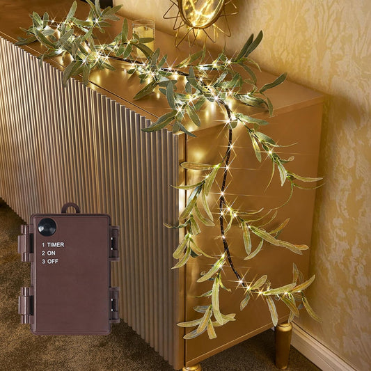 Birchlitland Lighted Olive Garland Battery Operated with Timer 6FT 96 LED Fairy Lights, Faux Vine with Lights for Mantel Fireplace Wall Patio Wedding and Holiday Decor
