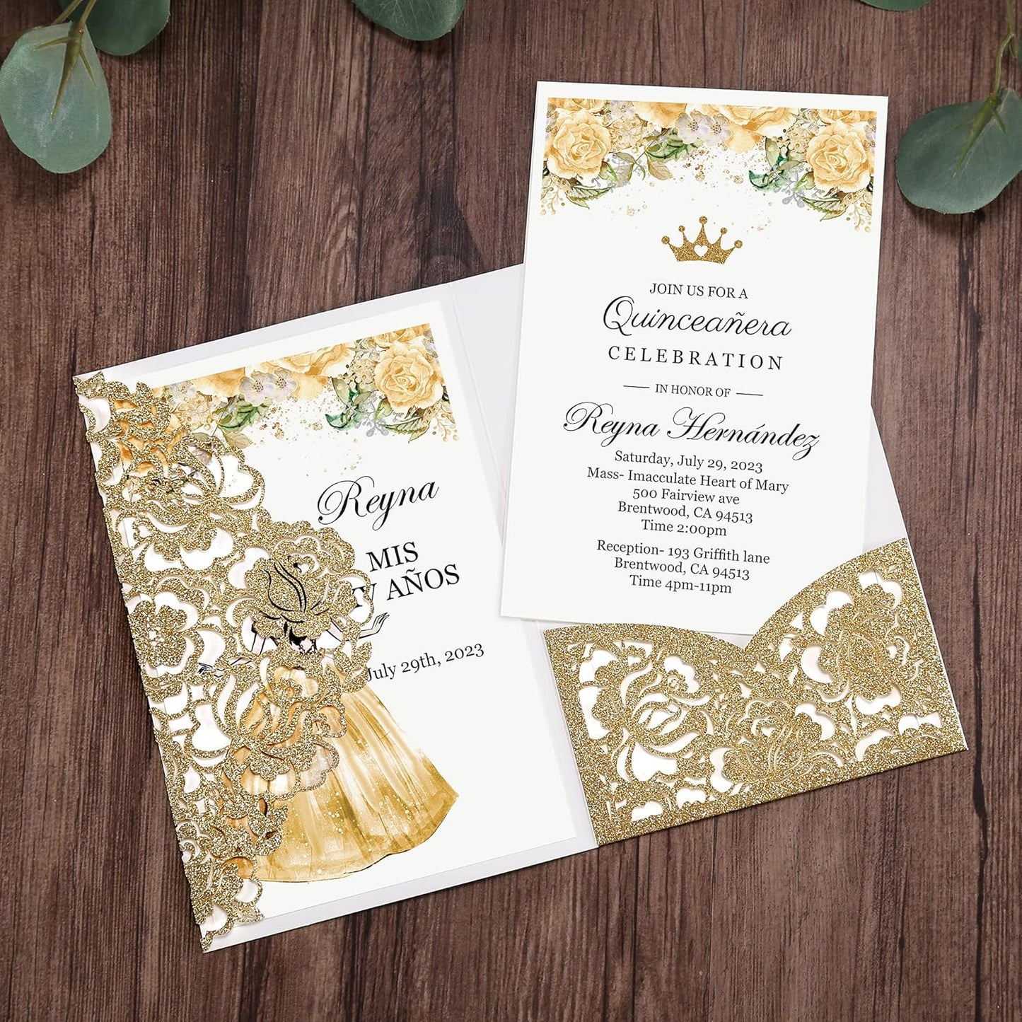 DORIS HOME 50pcs Laser Cut Quinceanera Invitations Gold Glitter, 4.7x7.1 Blank Quince Invitations for 15th Birthday, Invitation cards for Sweet 16 with Envelopes