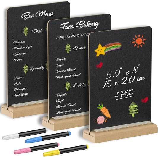Uniclife 3 Pack Small Chalkboard Sign with Stand & Chalk Markers Double-Sided Wooden Chalk Board Sign for Tables Reusable Message Board Menu Board for Wedding Party Restaurant Food Display