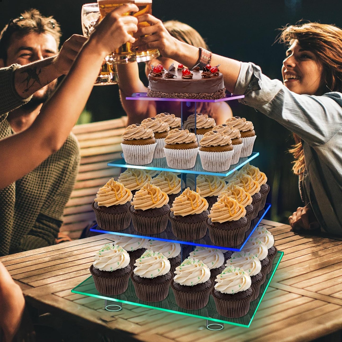 Rechargeable LED Cupcake Stand for 50 Cupcakes, 7 Colors Light Clear Cupcake Holder, 4 Tier Cupcake Tower, Acrylic Dessert Table Display Set for Weddings, Christmas, Birthday, Parties