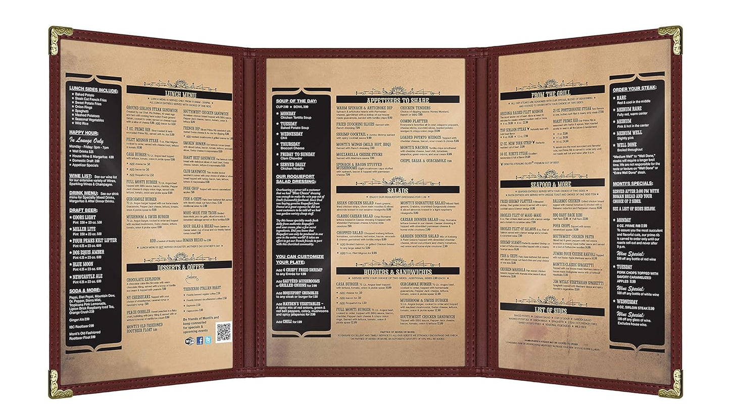 Goodsmart Restaurant Menu Covers – Burgundy, 25 Pack, 6-View Trifold 5.5" x 8.5", Side-Loading Vinyl & Plastic Menu Holders, Clear Menu Sleeves, Leather-Style Café Covers with Gold Corners