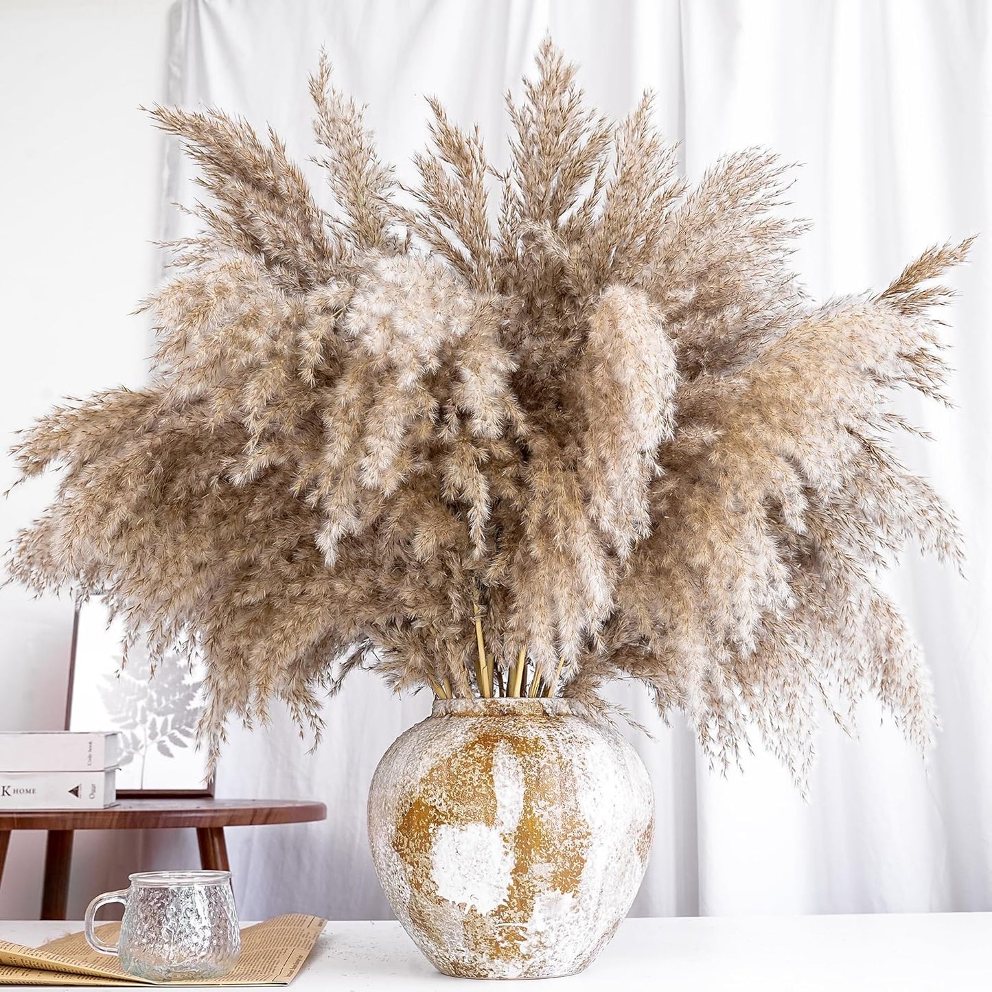 40 PCS Nature Pampas Grass Bouquet Decor - Boho Flowers and Feathers for Centerpieces, Perfect for Floor Vase Fillers, Home Decor, Living Room, and Wedding Decor