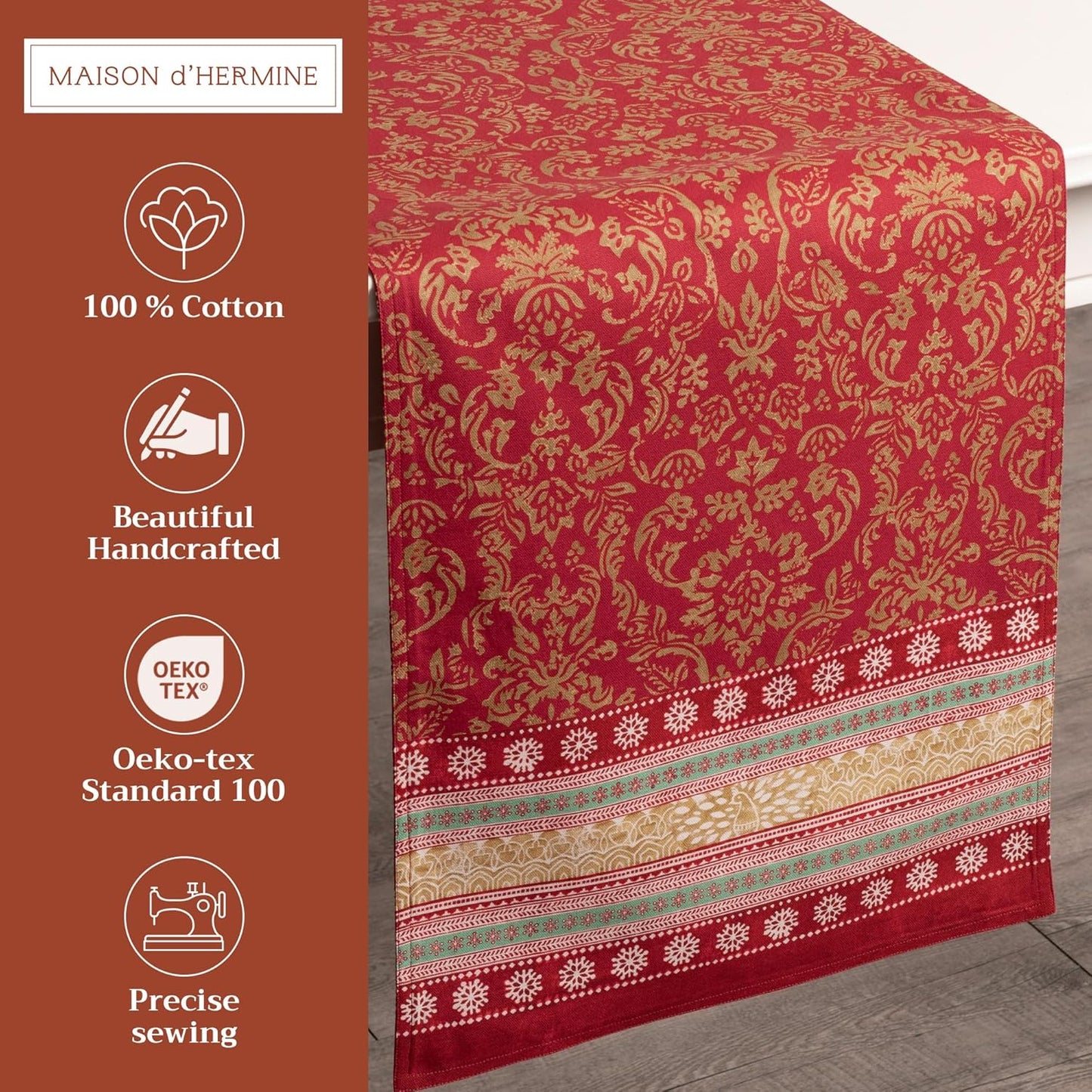 Maison d' Hermine Table Runner 100% Cotton Double Layer Table Runners 72 inches Long for Thanksgiving Christmas Decorations Home Kitchen Dining Party Wedding (Sofia, 14.5" x 72")