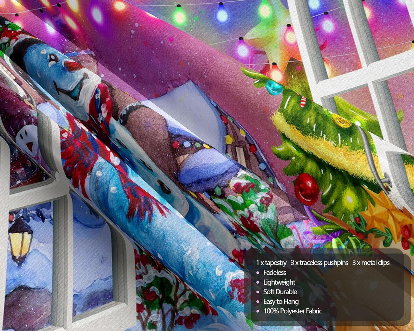 QGHOT Christmas Window Tapestry Wall Hanging, Christmas Backdrop Winter Window Wall Decor Xmas Snowman Deer Tapestries for Bedroom Living Room Dorm Holiday Party Decoration