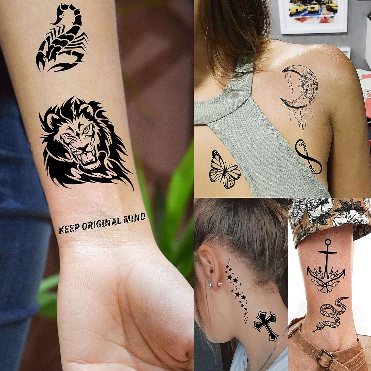 52 Sheets Tiny Small Temporary Tattoos For Kids Boys Girls, Tribal Animals Butterfly Anchor Compass Tattoo Stickers For Men Women, 3D Cute Flower Fake Face Tatoo Kits Sets For Neck Arm Hands