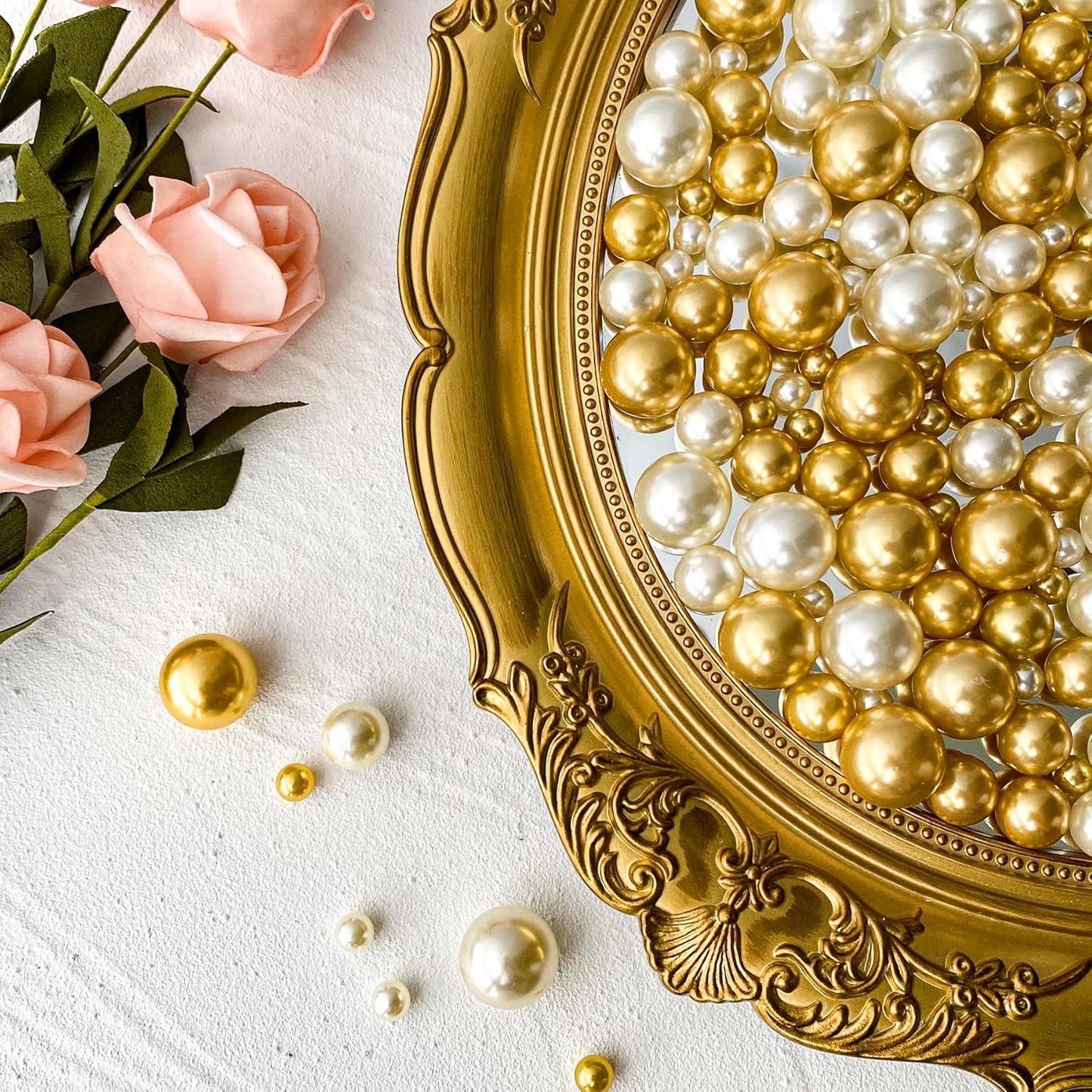 180PCS Cream Gold Beads for Centerpieces Vases, No Hole Polished Pearl Makeup Beads Mixed 8/14/20mm Sizes, Pearl Vase Fillers Table Scatters for Party Wedding Decor