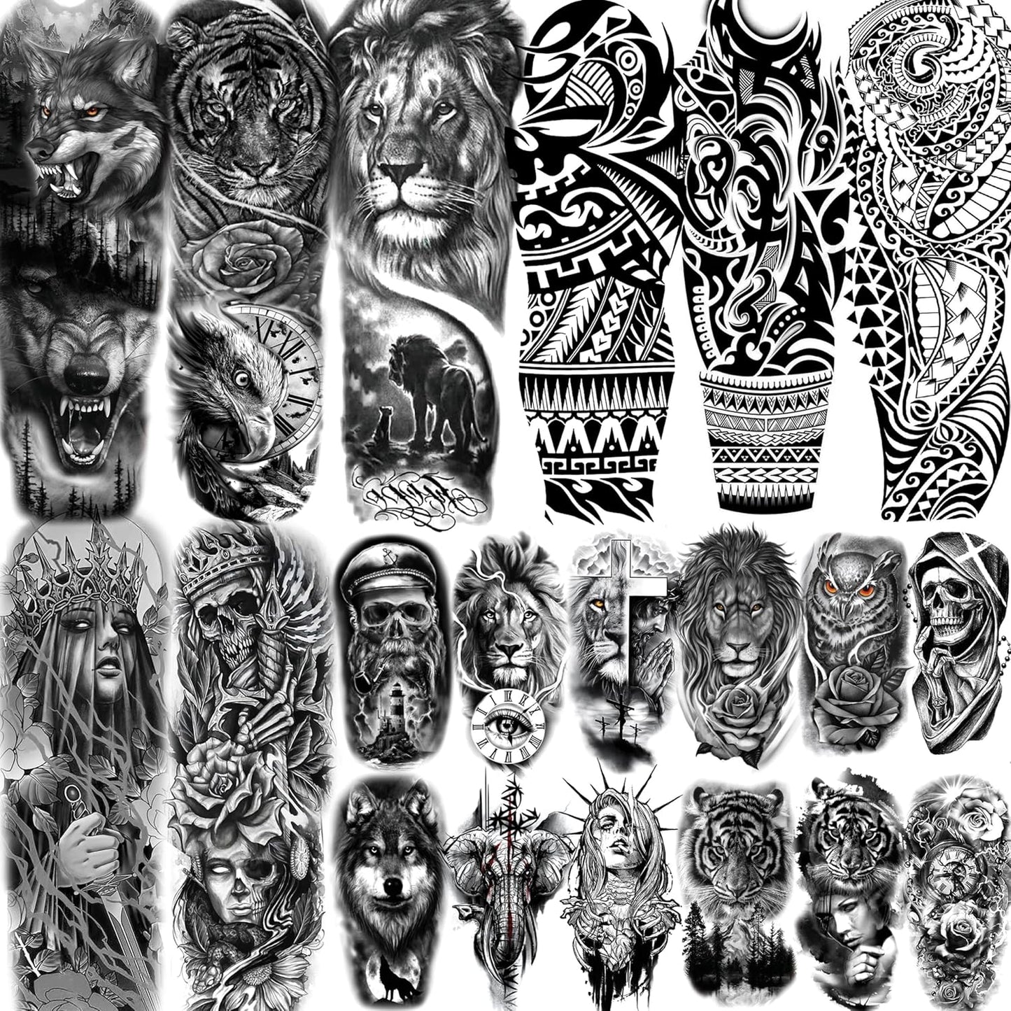 20 Sheets Black Tribal Wolf Tiger Lion Temporary Tattoo Sleeve For Men Adults, 3D Halloween Prison Gothic Maori Sleeve Tattoos For Women, Fake Full Arm Sleeve Tattoo Stickers Skull Skeleton