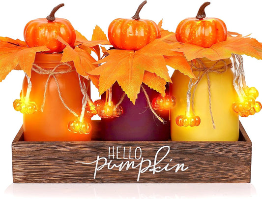 Thanksgiving Decorations Indoor 3 PCS, Thanksgiving Table Decor with Wooden Boxes, Thanksgiving Fall Centerpiece Mason Jars with Pumpkin Decor Lights for Home, Office, Kitchen