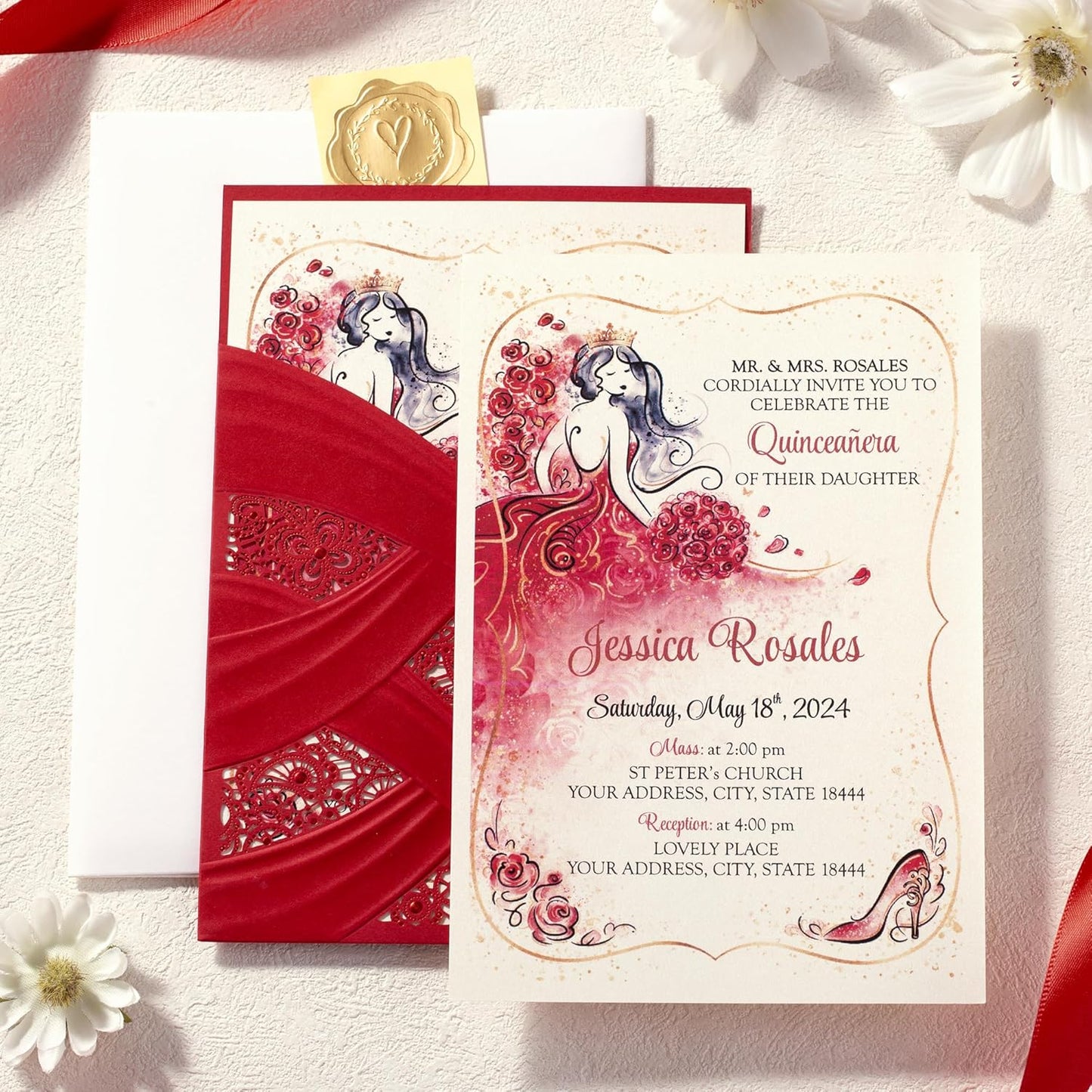 50pcs Laser Cut Quinceanera Invitations with Envelopes Red, 5x7.3 Personalized Invitation Cards for Wedding
