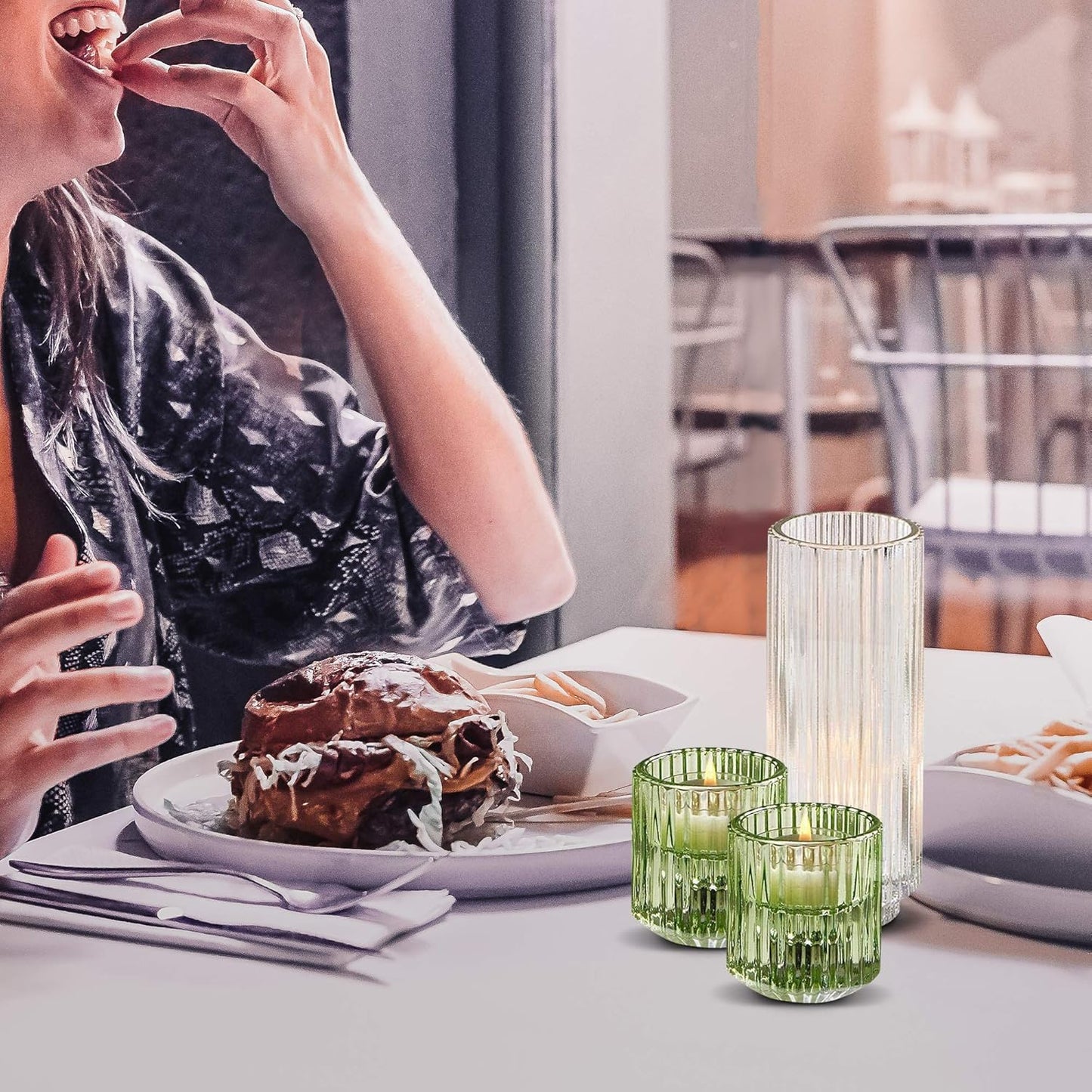 Serene Spaces Living Set of 4 Green Ribbed Glass Votive Holders, Perfect for Weddings and Home Décor, Measures 2.25" Tall and 2" Diameter