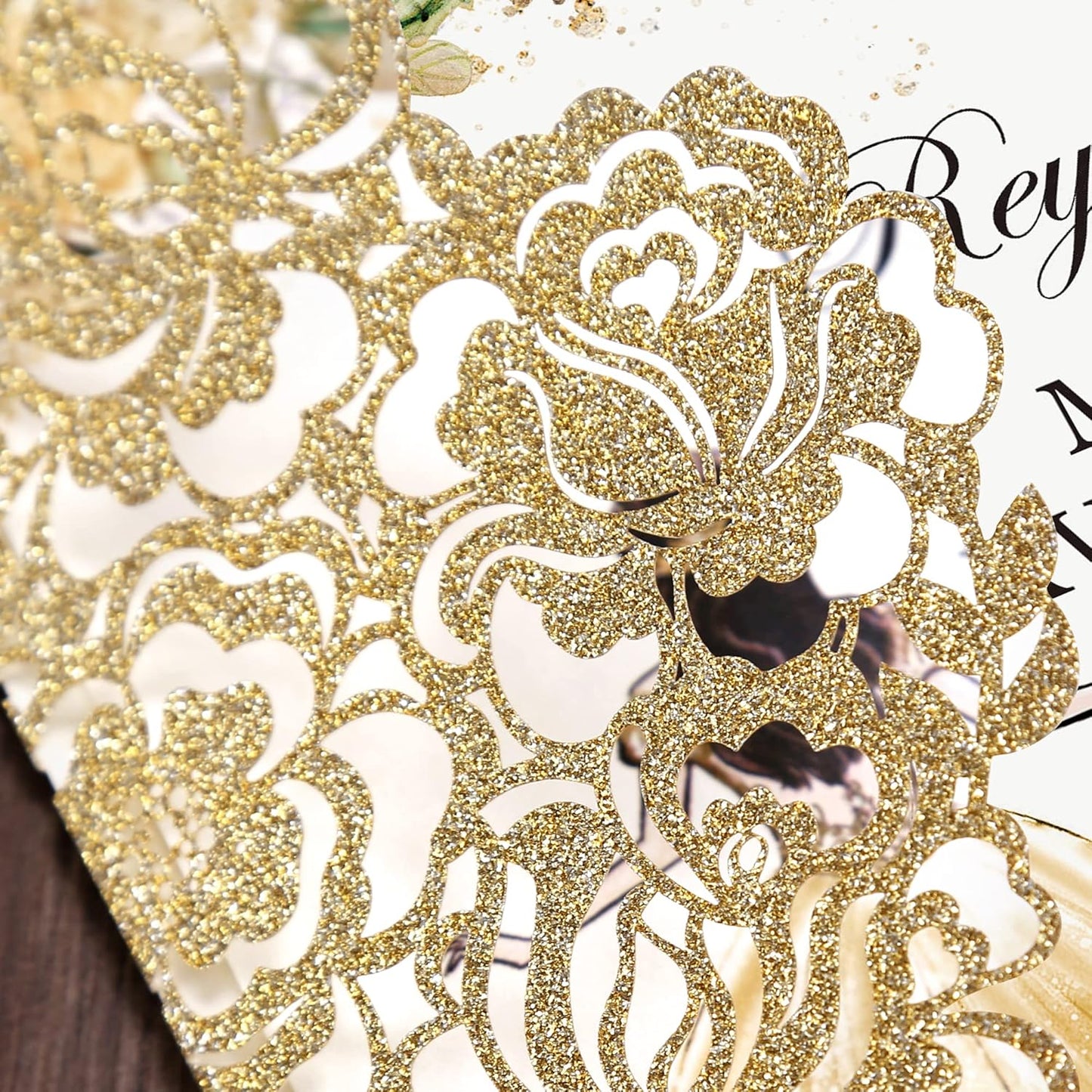 DORIS HOME 50pcs Laser Cut Quinceanera Invitations Gold Glitter, 4.7x7.1 Personalized Quince Invitations for 15th Birthday, Invitation cards for Sweet 16 with Envelopes