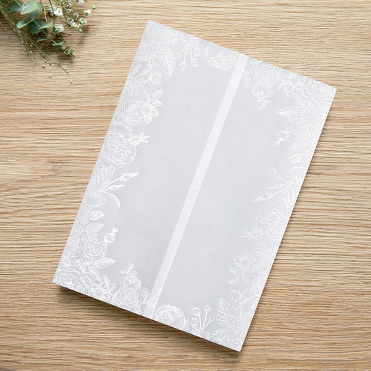 PONATIA 50PCS White Vellum Jackets for 5x7 Invitation Cards- 135GSM White Foil Print Flowers Sleeves, Vellum Paper 5x7 Wraps - Transparent Christmas Gift Cards Jackets