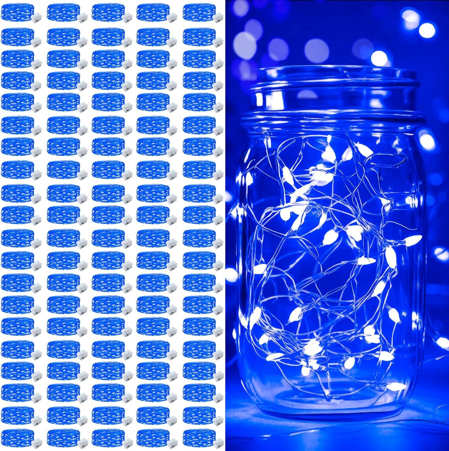 pozzolanas 100 Pack Blue Battery Operated String Lights - 7ft Waterproof Firefly Lights with 20 LEDs for Home, Mason Jar, Party, Wedding, Halloween, Christmas Decorations