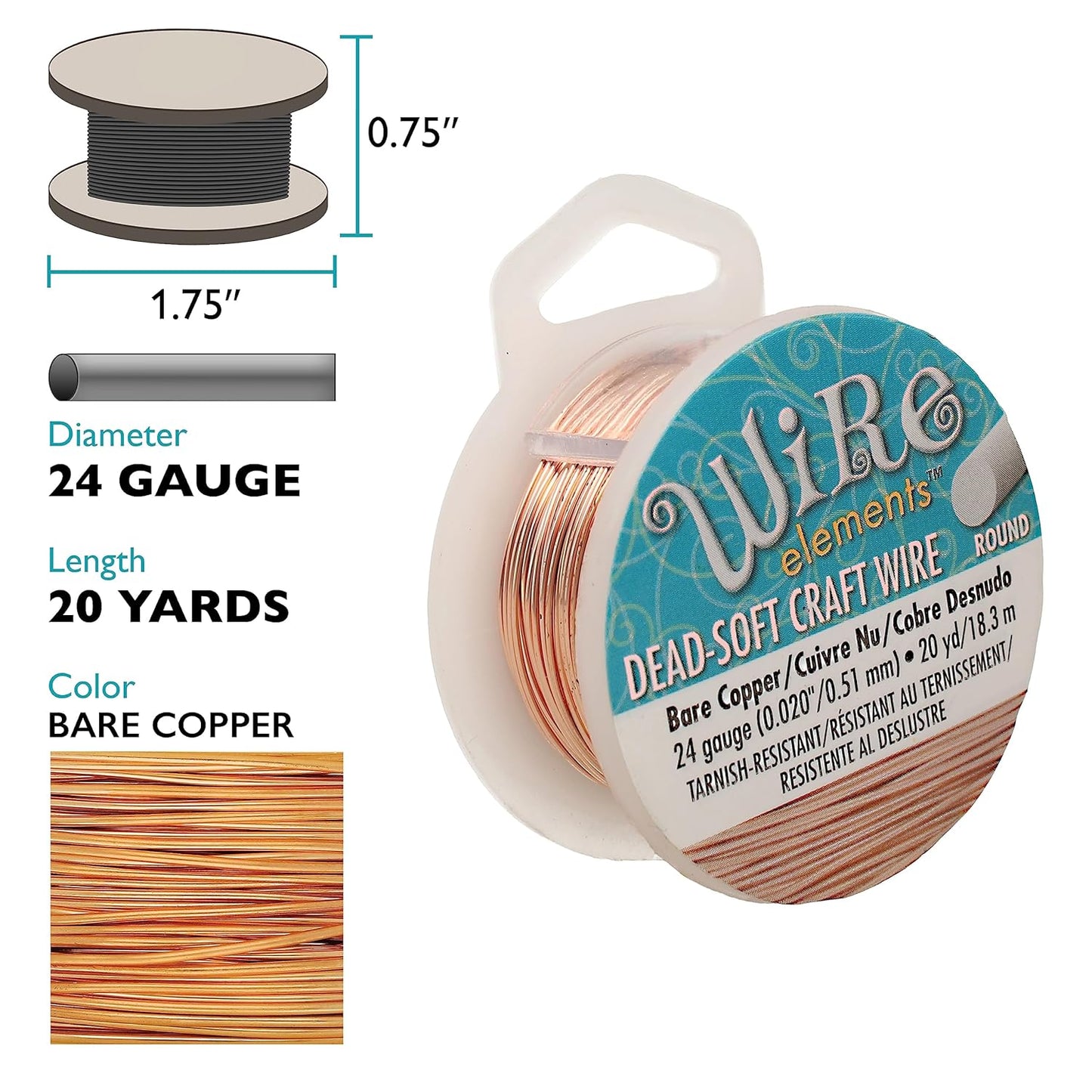 The Beadsmith Wire Elements Craft Wire – Tarnish Resistant, Soft Temper, Round, Bare Copper Color – 0.51mm, 24 Gauge, 20 Yard Spool – Jewelry Making, Wire Wrapping, Floral, & Other DIY Crafts