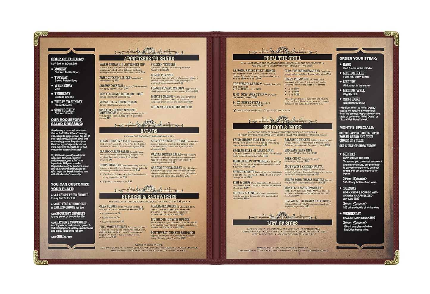 Goodsmart Restaurant Menu Covers - 25 Pack Burgundy 8.5" x 11", 2-Page/4-View, Side-Loading Vinyl Menu Holders, Clear Sleeves, Double-Stitched Edge, Leather-Style Café Menu Covers with Gold Corners
