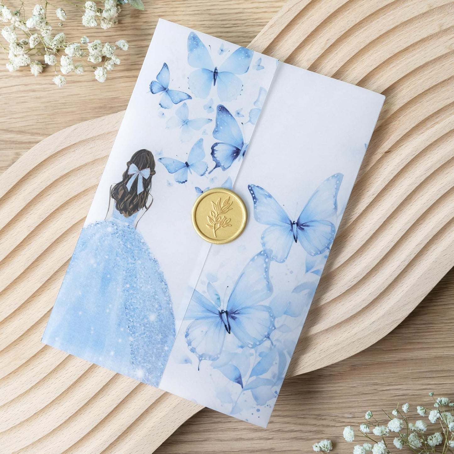PONATIA 50 PCS Vellum Jackets for 5x7 Invitations - Vellum Paper 5x7 Jackets - 135GSM Blue Girl Butterfly Quinceanera Invitations Wraps - Transparent Cards