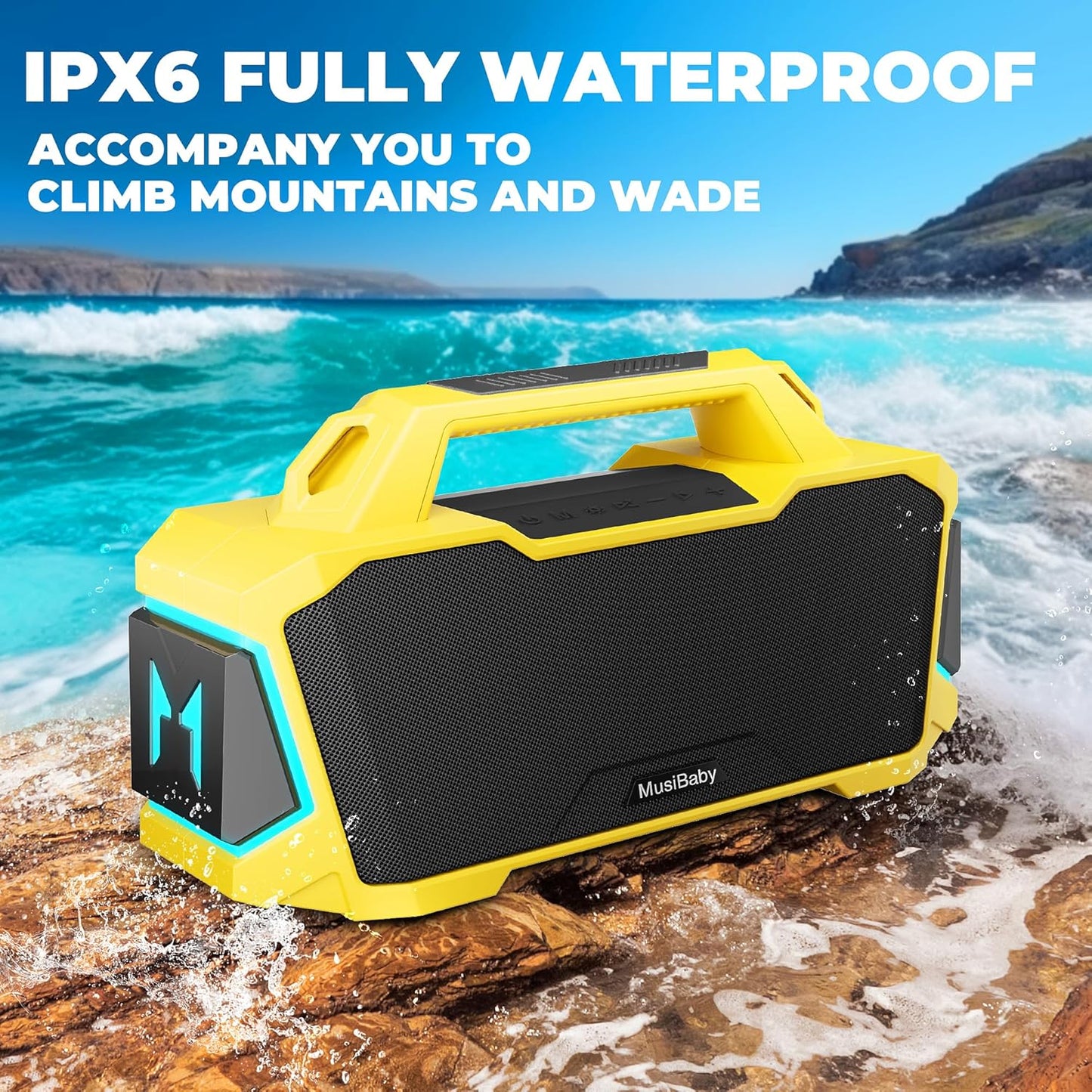 MusiBaby M1 Portable Bluetooth Speaker Yellow, Loud Stereo Sound Subwoofer Deep Bass, IPX6 Waterproof, 24H+ Playtime, Bluetooth 5.3, Dual Pairing Boombox for Outdoor Camping Hiking Party Shower