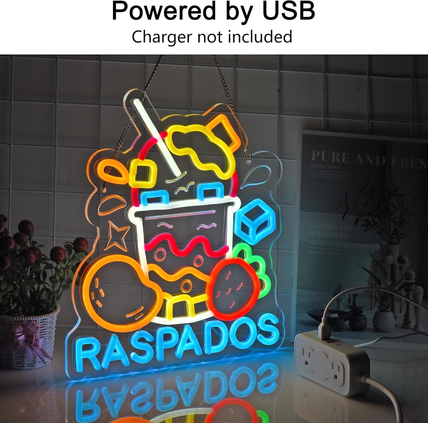 CNBEYOUNG Raspados Neon Sign, Neon Lights Hanging Wall Art Decoration for Mexican Restaurants Shop Bar Food Truck Kitchen Party Home Decor, USB - Driven, Super Bright & Adjustable,13.78x 12.6inches