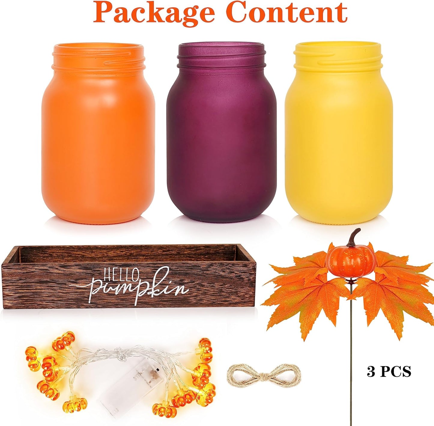 Thanksgiving Decorations Indoor 3 PCS, Thanksgiving Table Decor with Wooden Boxes, Thanksgiving Fall Centerpiece Mason Jars with Pumpkin Decor Lights for Home, Office, Kitchen
