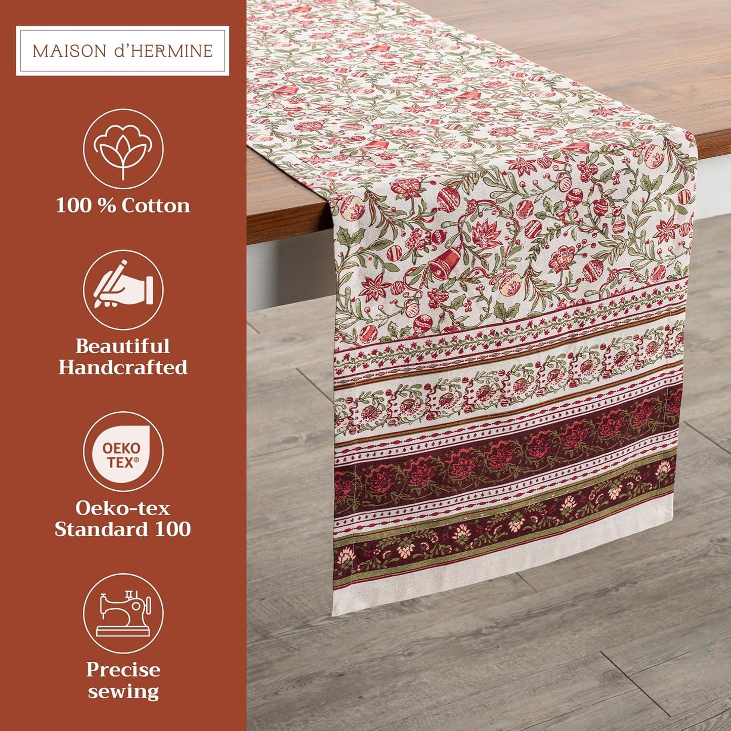 Maison d' Hermine Table Runner 100% Cotton Single Layer Table Runners 108 inches Long for Thanksgiving Christmas Decorations Home Kitchen Dining Party Wedding (Reveillon Au Jardin, 14.5" x 108")